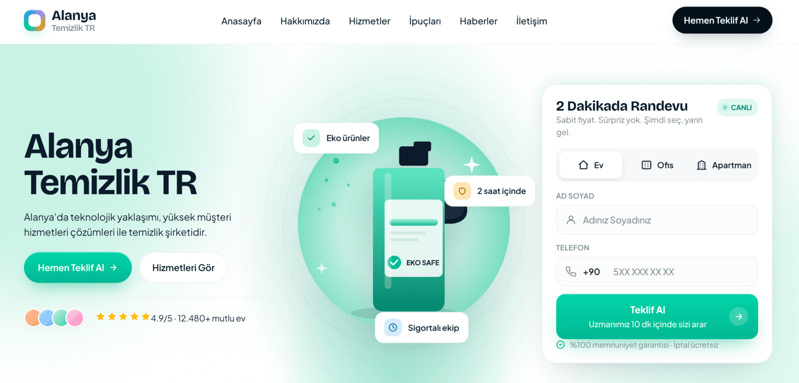 Alanya Temizlik TR desktop web design, conversion-focused layout with lead form and service navigation