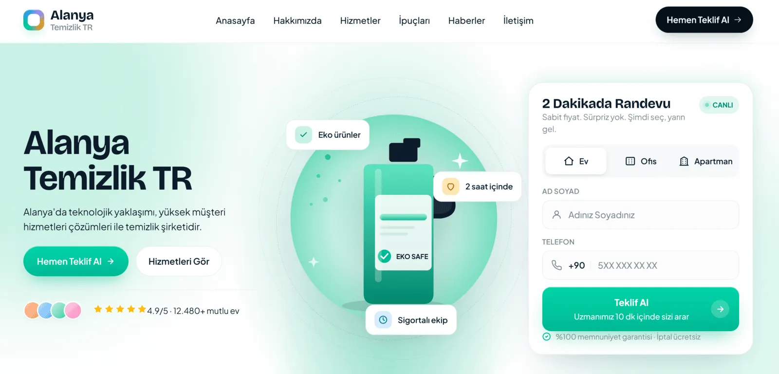 Alanya Temizlik TR desktop web design, conversion-focused layout with lead form and service navigation