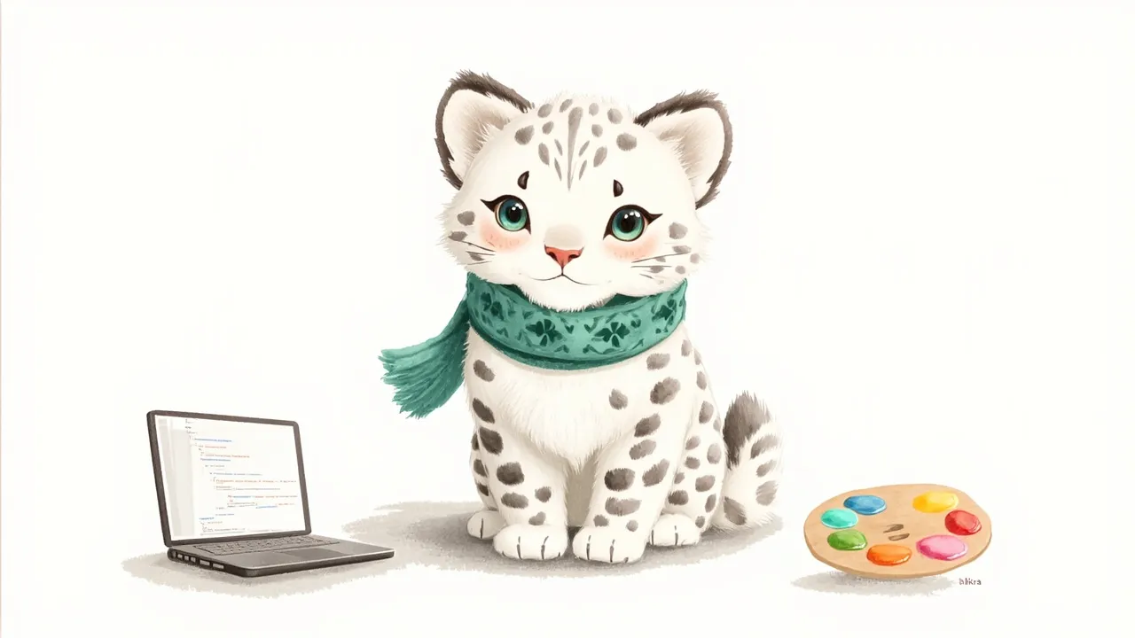 Our Anatolian Leopard mascot balancing engineering and art with code on one side and a painter's palette on the other