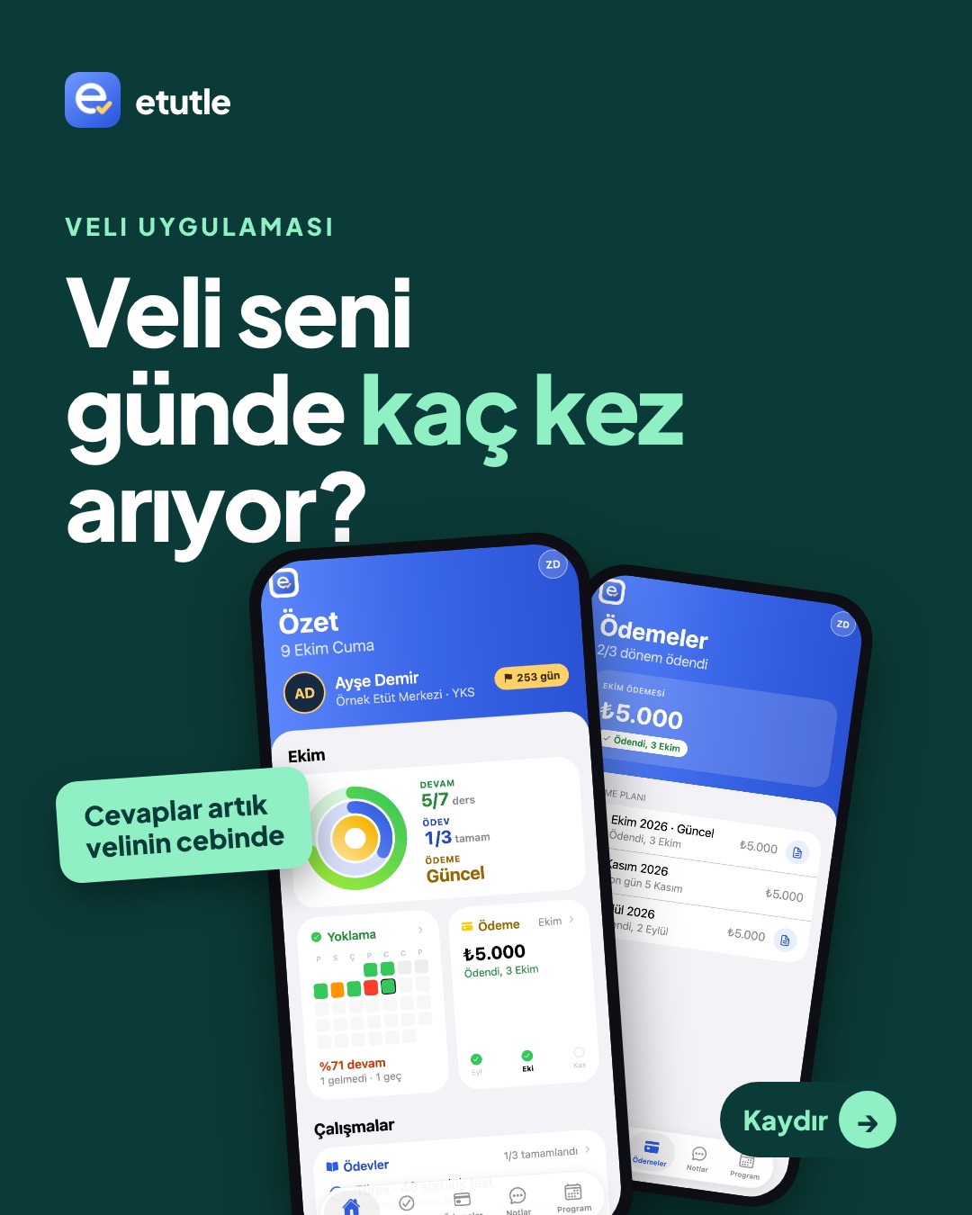 etütle parent app summary and payments screens